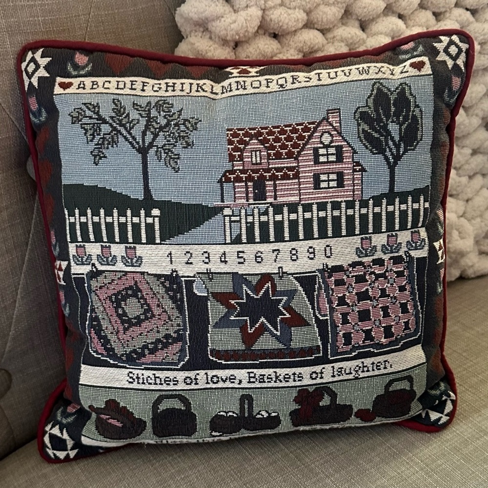 Vtg Decorative Tapestry Accent Throw Pillow Farmhouse Primitive Country FolkArt